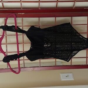Blue Blush Black Crochet Lace Tie Ruffle Keyhole Body Suit Sz S
